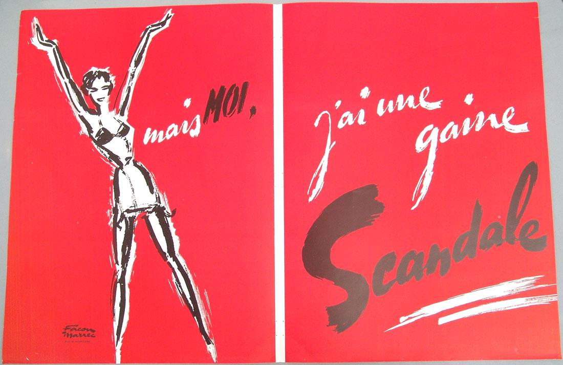Vintage Risque French Lingerie Ad: This is a vintage 1970s Scandale lingerie advertisement; there's a Perrier ad on the reverse that features artwork by Touchagues. Facon Marrec. From a vintage 1960s/1970s French magazine. 21 1/2" x 14