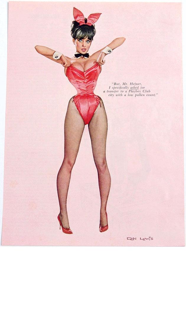 Vintage 1960s Risque Playboy Bunny Pin-Up by Don Lewis: This is a vintage Playboy Bunny pin-up, removed from a 1960s "Playboy" magazine, featuring artwork by Don Lewis. 8" x 11".