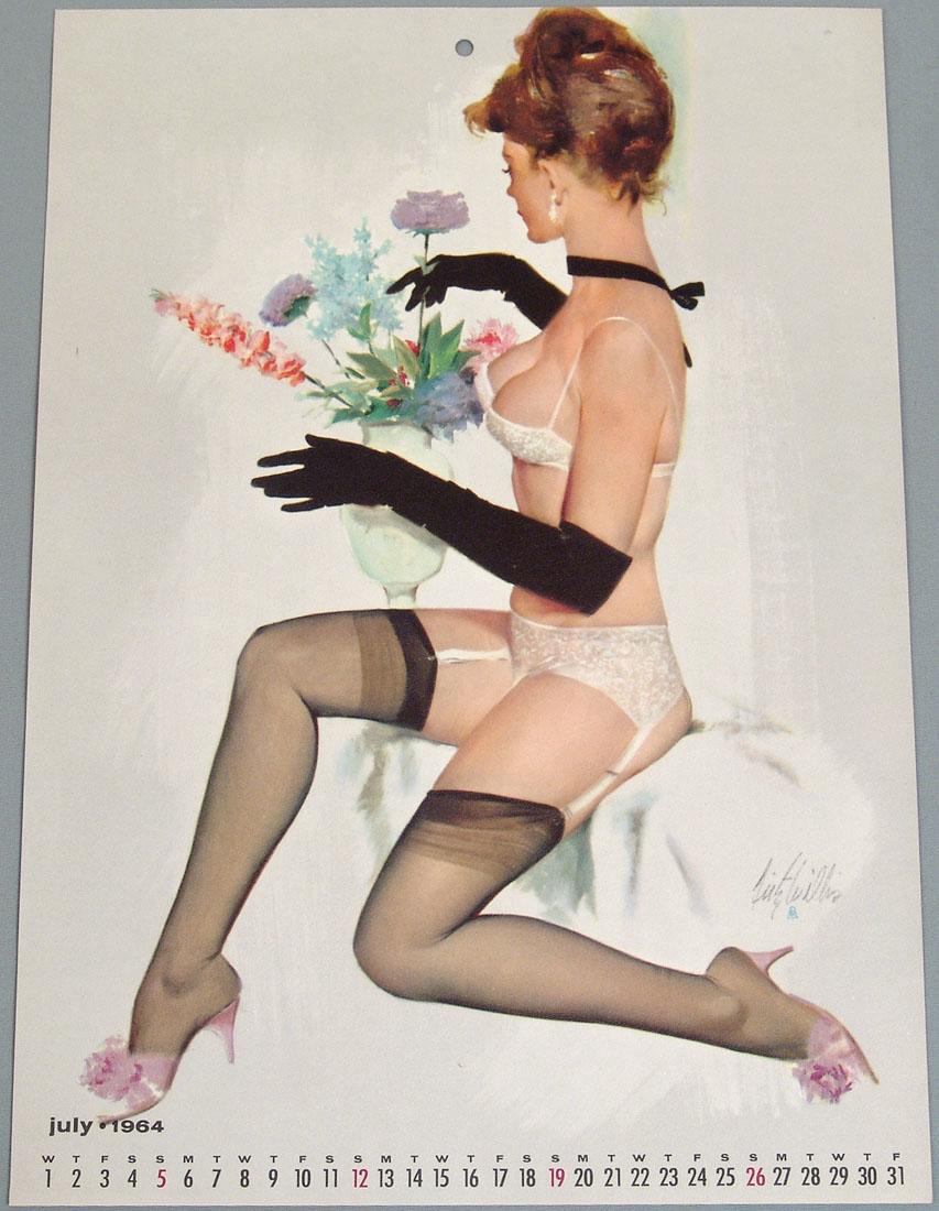 Risque Pin-Up Calendar Page by Fritz Willis: This is a vintage Fritz Willis lingerie pin-up print from the 1964 Artist's Sketch Pad calendar. Published by Brown & Bigelow. 8 1/2" x 12".