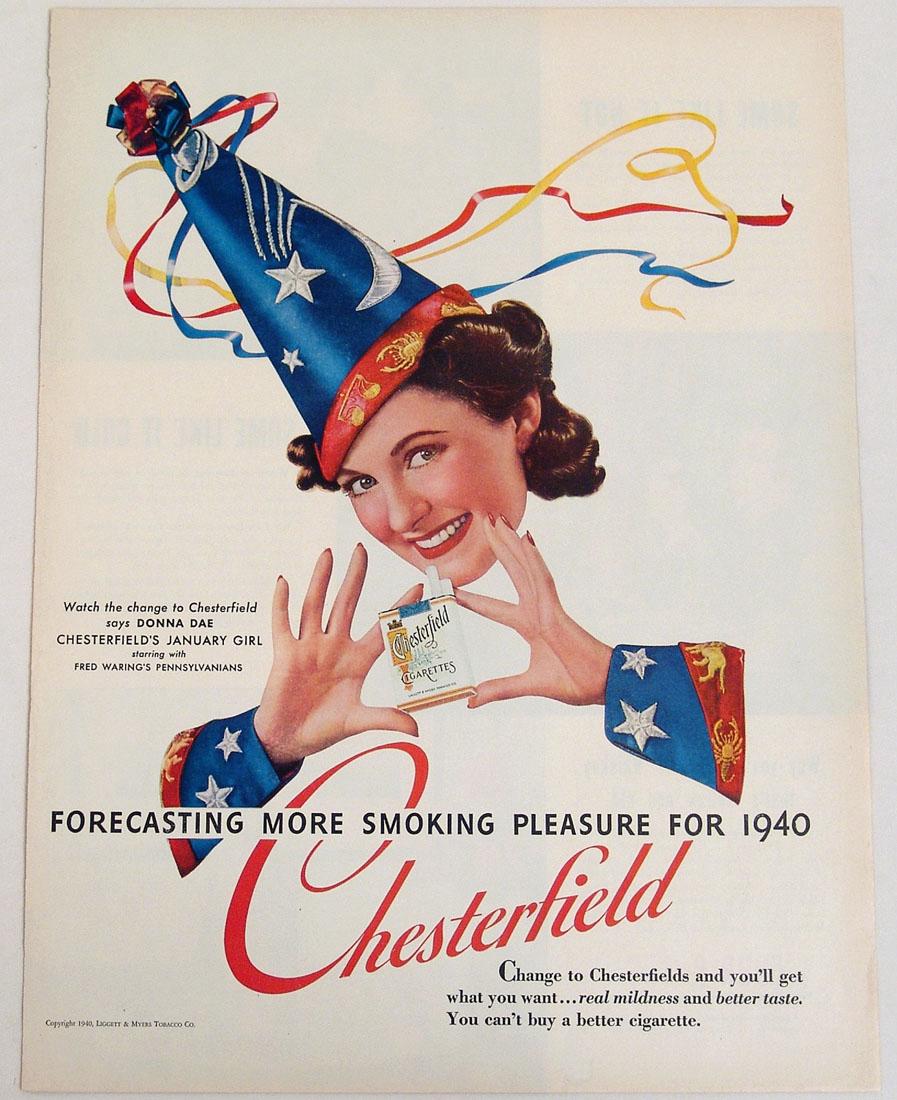 Antique 1940 Chesterfield Cigarette Advertisement: This is a vintage 1940 New Year's advertisement for Chesterfield cigarettes, taken from a vintage magazine. 10 1/4" x 14".