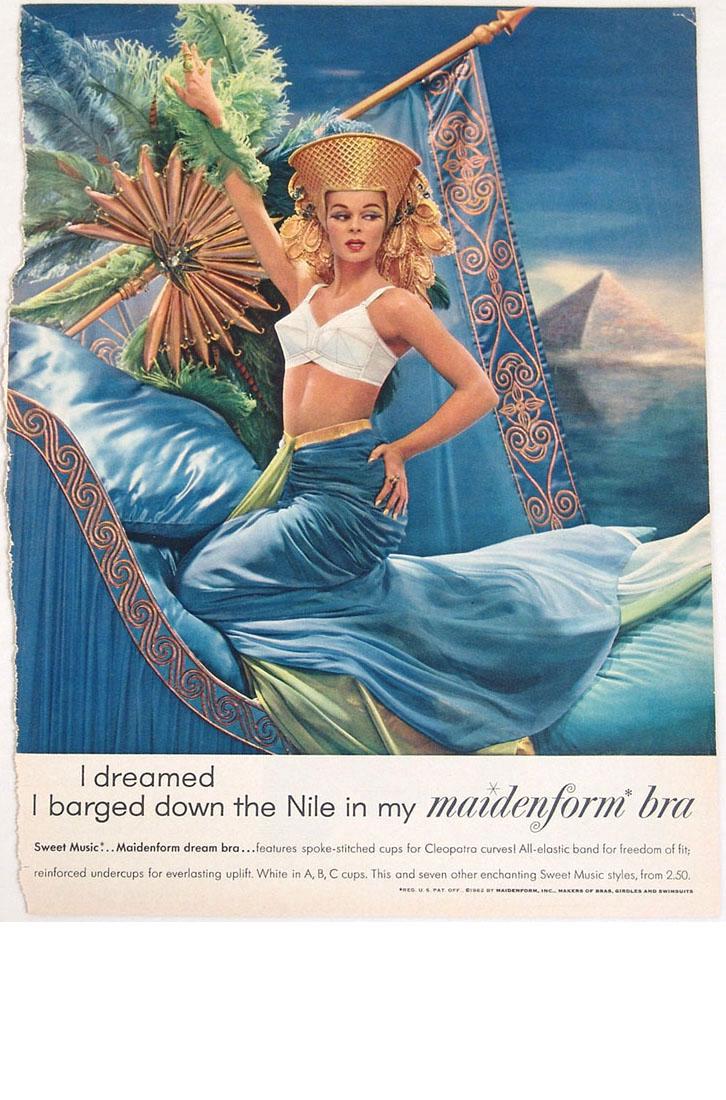 Vintage 1940s/1950s Maidenform Bra Fantasy Ads: This is a lot of 3 pages of vintage 1940s/1950s Maidenform bra advertisements, removed from vintage 1940s/1950s magazines. Charioteer, Cleopatra, and boxer. 8 1/4" x 11" each.