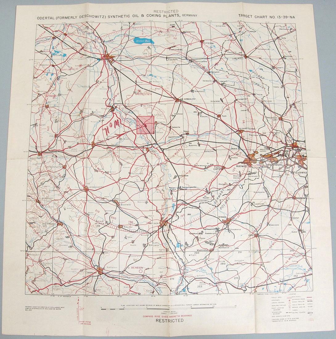 Original 1944 WWII USAAF Europe Bombing Map - Germany: This is a very rare, original vintage WWII allied air crew bombing run target chart for "Odental (Formerly Deschowitz) Synthetic Oil and Coking Plants, Germany," dated May, 1944. States "Prepared Unde