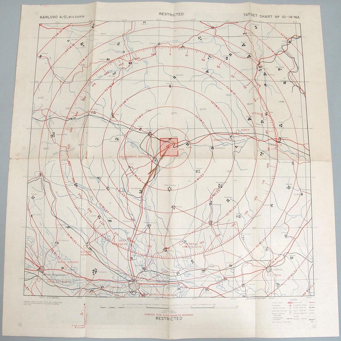Original 1944 WWII Allied Bombing Map - Bulgaria: This is a very rare, original vintage WWII allied air crew bombing run target chart for "Karlovo A/D, Bulgaria," dated April, 1944. States "Prepared Under the Direction of Intelligence MAAF." Inteaded