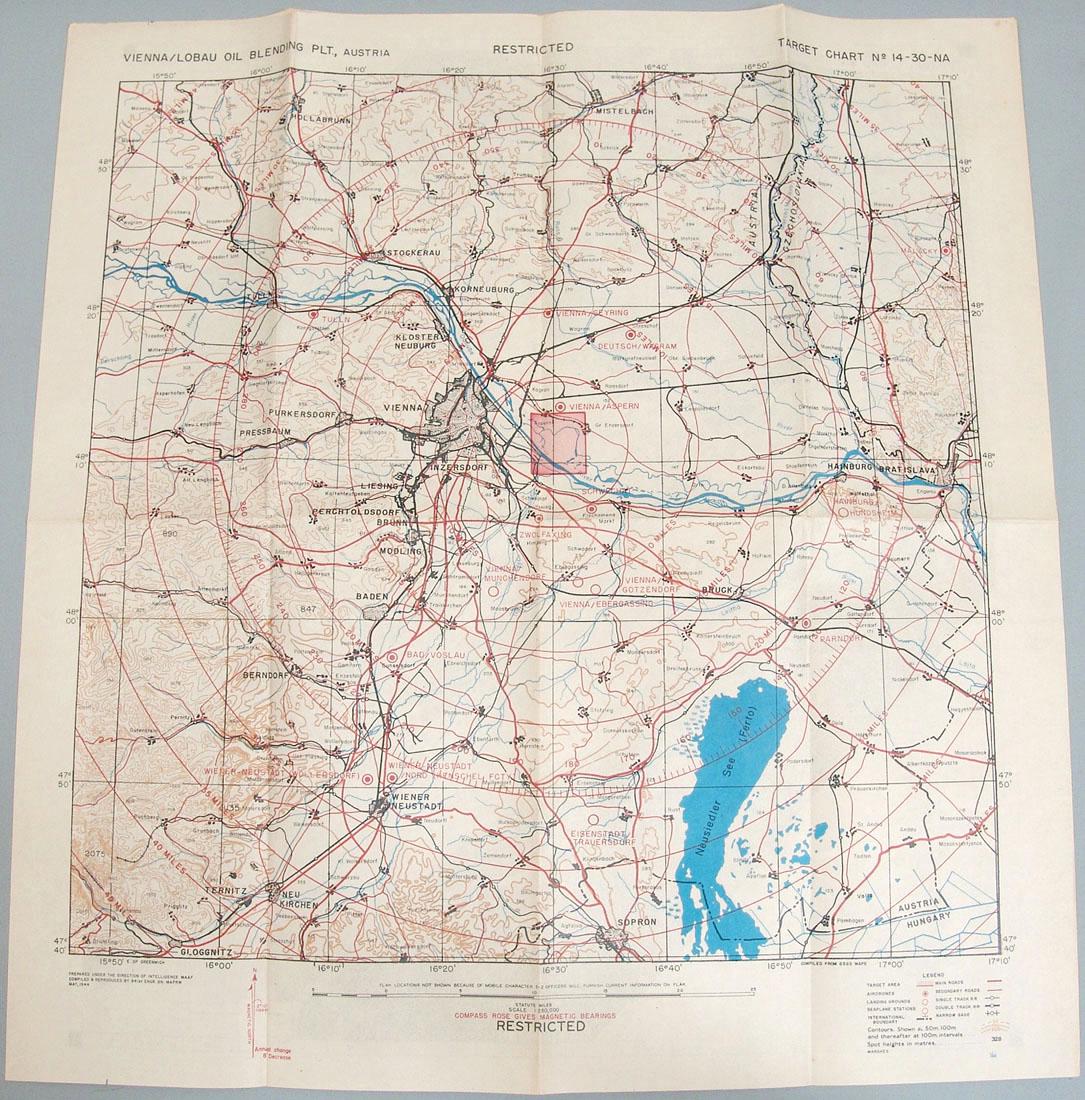 Original 1944 WWII Allied Bombing Map - Austria: This is a very rare, original vintage WWII allied air crew bombing run target chart for "Vienna/Lobau Oil Blending Plt, Austria," dated May, 1944. States "Prepared Under the Direction of Intelligence 