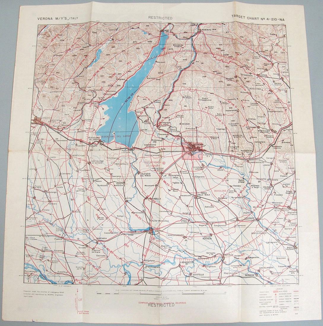 Original 1944 WWII Allied Air Crew Bombing Map - Italy: This is a very rare, original vintage WWII allied air crew bombing run target chart for "Verona M/Y's, Italy," dated April, 1944. States "Prepared Under the Direction of Intelligence MAAF." Inteaded f
