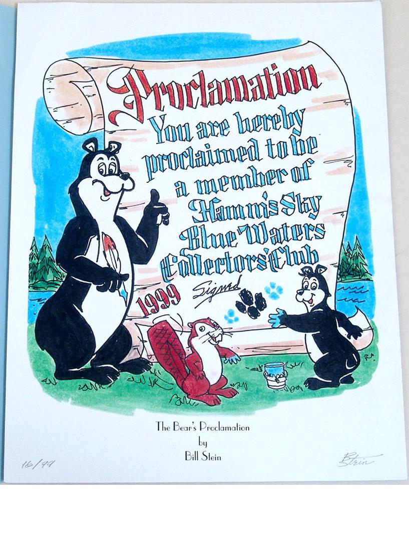 Very Rare S/N Ltd. Ed. 1999 Hamm's Bear Print: This is a signed & numbered special limited edition 1999 Hamm's bear print by Bill Stein called "The Bear's Proclamation." It was created specifically as the first commemorative for the Hamm's Land of