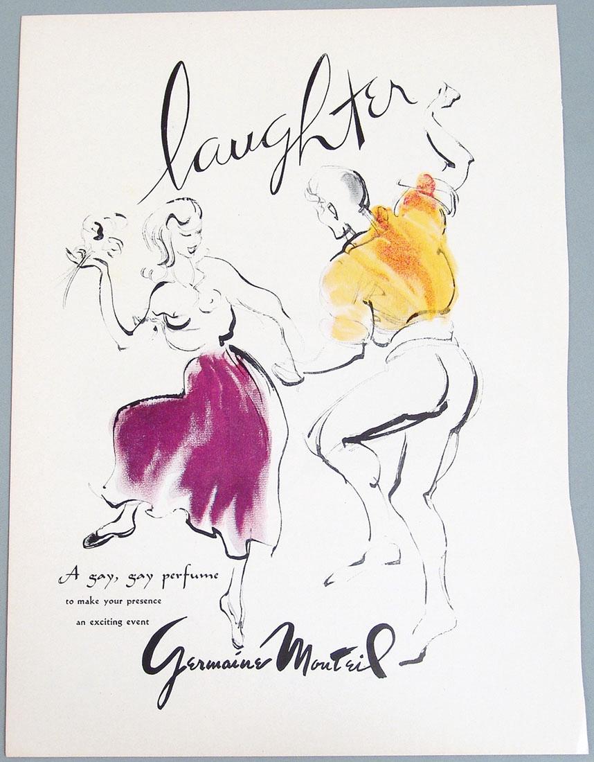 Vintage 1940s Germaine Monteil Perfume Advertisement: This is a vintage 1940s/1950s advertisement for the Germaine Monteil perfume "Laughter," taken from a vintage magazine. 9 1/2" x 12 3/4".