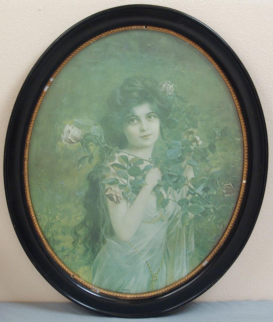 Antique 1906 Framed Oval Print "Roses" - Pretty Girl: This is an antique 1906 framed print by R. Hill titled "Roses." Beautiful Victorian or Edwardian girl. Original antique frame with slightly wavy c1900 glass. 19" x 22 3/4".