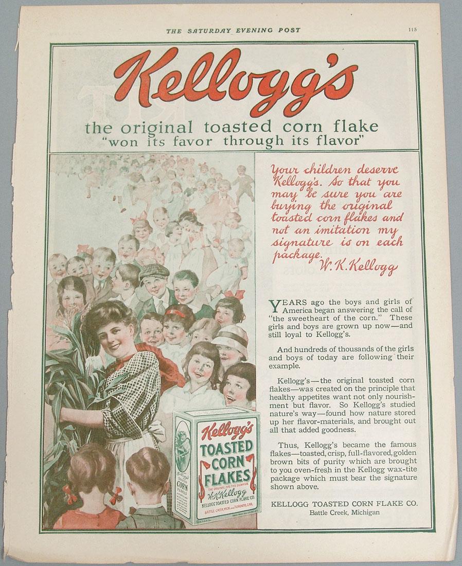 Antique 1919 Ad for Kellogg's Toasted Corn Flakes: This is a vintage 1919 advertisement for Kellogg's Toasted Corn Flakes. Taken from a vintage June 21, 1919 "The Saturday Evening Post" magazine. 10 1/2" x 14".