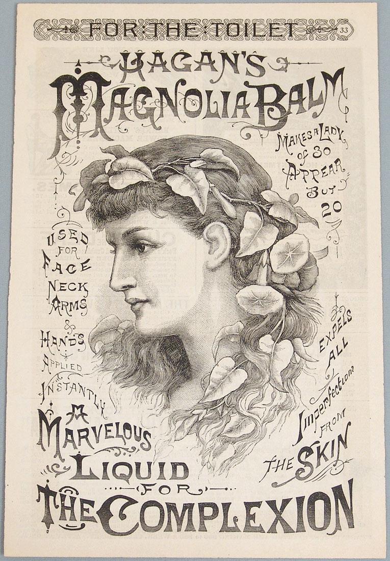 Antique c1880 Ad for "Hagan's Magnolia Balm": This is a vintage circa 1880 advertisement for "Hagan's Magnolia Balm," removed from an antique magazine or catalog. Approx. 6" x 9".