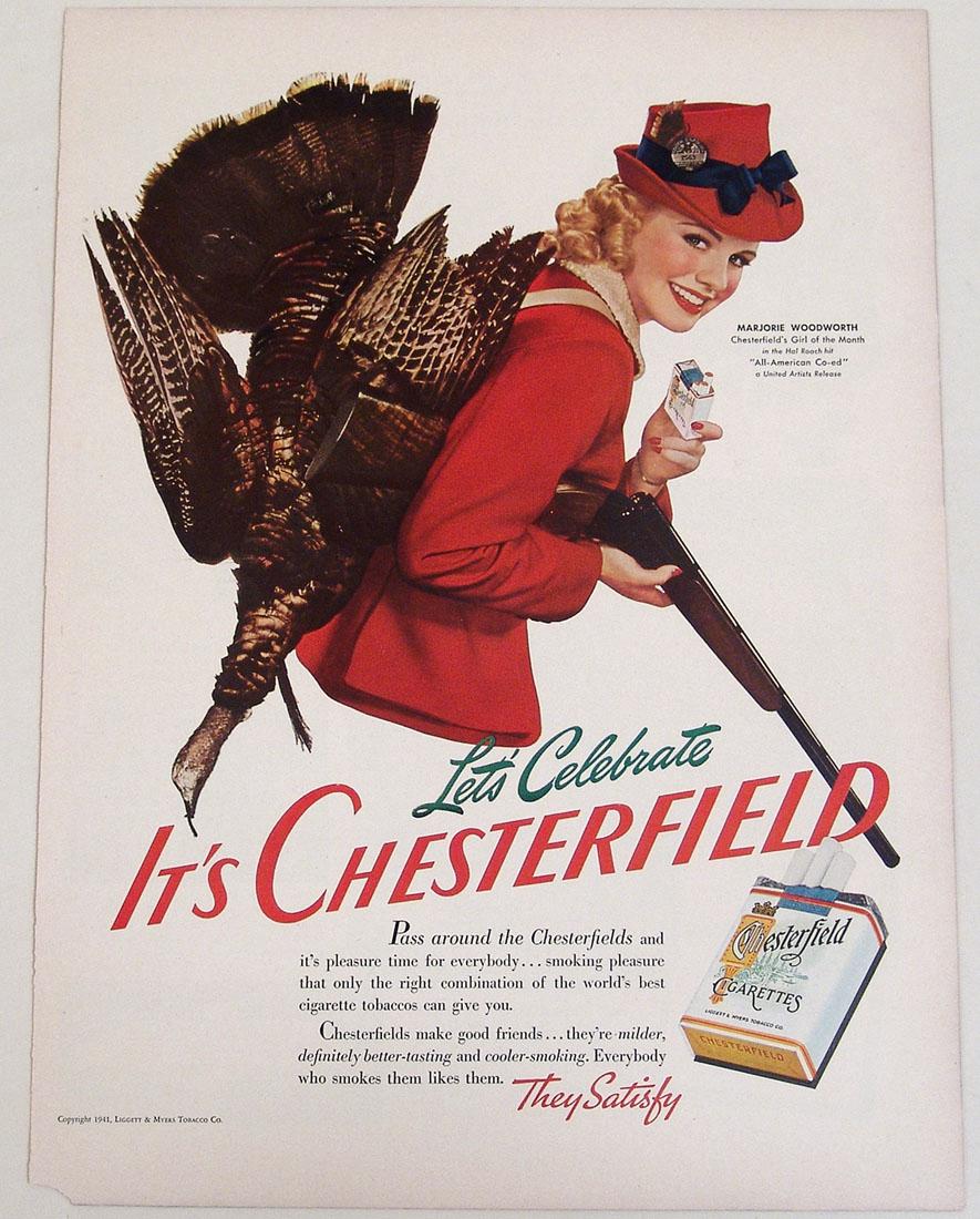 Antique 1941 Chesterfield Cigarette Advertisement: This is a vintage 1941 advertisement for Chesterfield cigarettes, taken from a vintage magazine. 10 1/4" x 14".