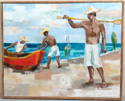 Old Framed Morris Oil Painting Fishermen In Colombia Nov 15