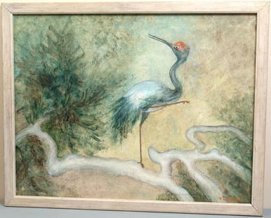 Old Framed Morris Oil Painting - Great Blue Heron: This is an antique circa 1950s-1960s oil painting on canvas of what appears to be a great blue heron (or possibly a sandhill crane), signed by Minnesota artist Virginia Swanke Morris (daughter of arti