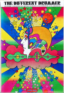 Peter Max Ad Print "The Different Drummer" Clothing: This is an advertising print featuring 1960s artwork by Peter Max. It was created for the legendary clothing store "The Different Drummer" in New York. There is no indication of the year or the