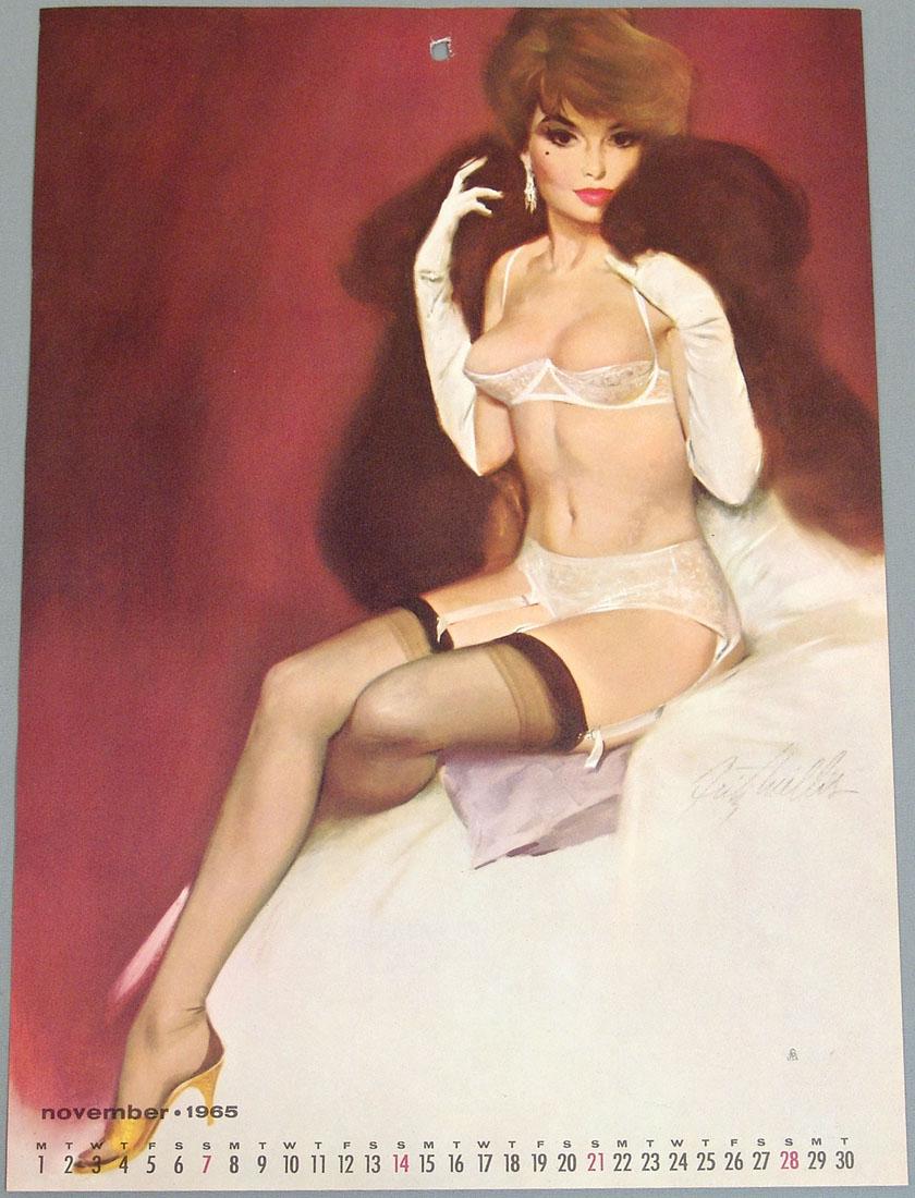 Risque Pin-Up Calendar Page by Fritz Willis: This is a vintage Fritz Willis lingerie pin-up print from the 1965 Artist's Sketch Pad calendar. Published by Brown & Bigelow. 8 1/2" x 12".
