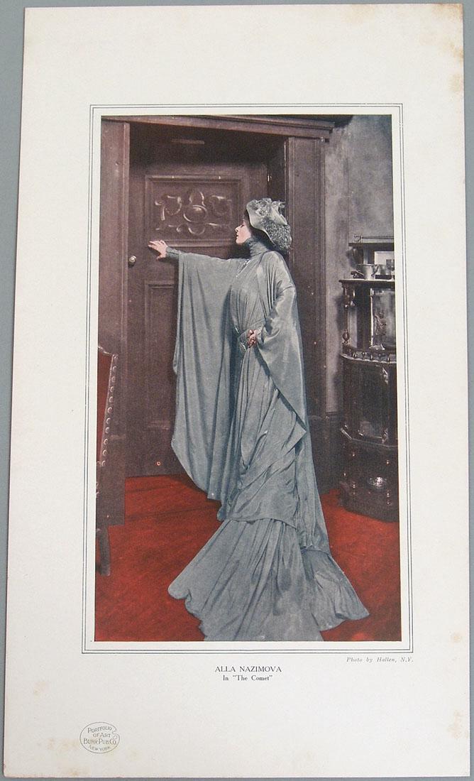 Antique c1908 Print of Alla Nazimova in "The Comet": This is an antique circa 1908 print featuring a photo of Alla Nazimova in "The Comet." Portfolio of Art, Burr Pub. Co., New York. Photo by Hallem, N.Y. 7 1/2" x 13".