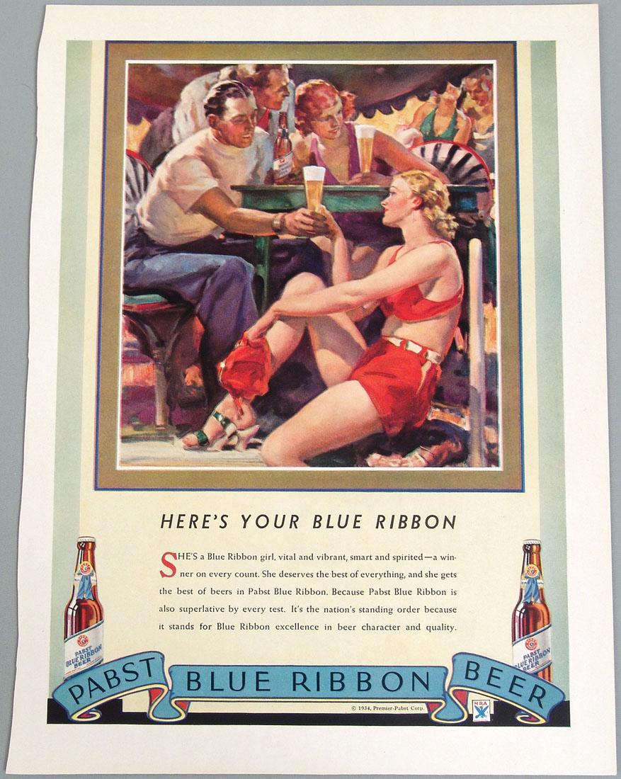 Antique 1934 Ad for Pabst Blue Ribbon Beer: This is a vintage 1934 advertisement for Pabst Blue Ribbon beer. Taken from a vintage 1934 "Vanity Fair" magazine. 9 1/2 x 12 3/4".