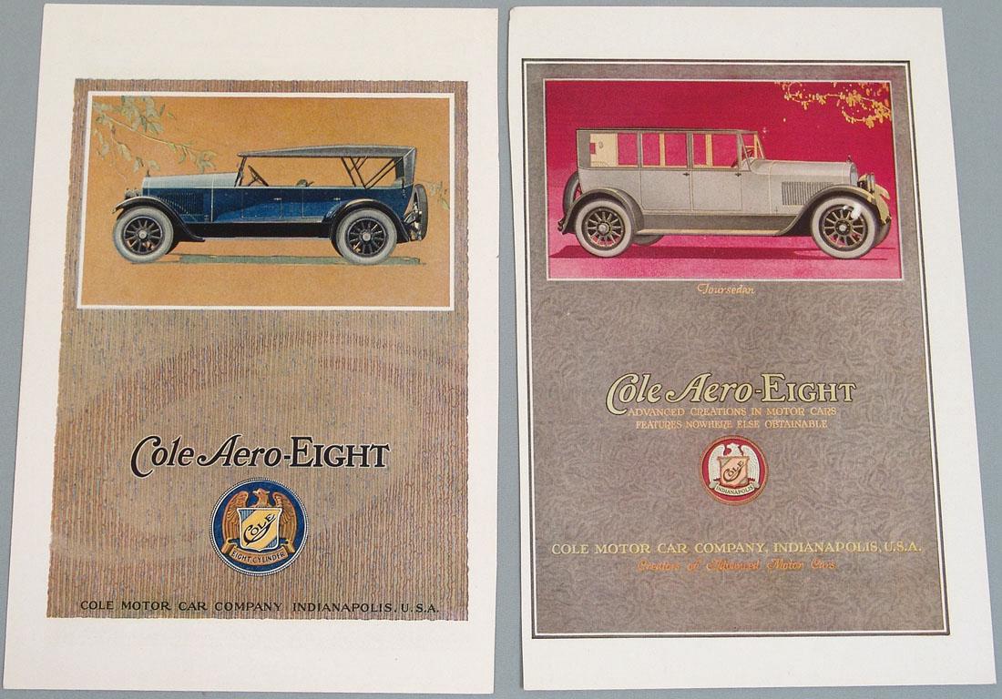 Antique 1918 Ads for the Cole "Aero-Eight" Motorcar: This is a pair of vintage 1918 advertisements for the Cole Motor Car Company "Aero-Eight." Removed from a vintage magazine. Approx. 6 1/2" x 9 1/2".