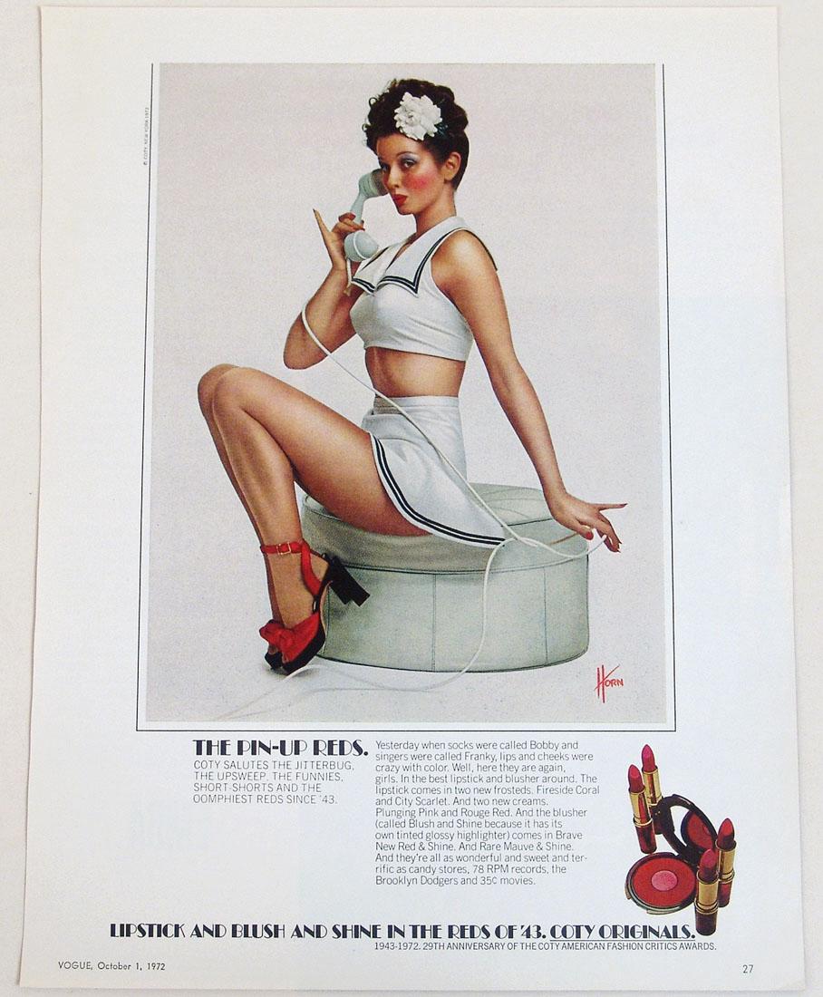 Vintage 1972 Pin-Up Girl Advertisement for Coty Makeup: This is a vintage 1972 pin-up girl advertisement for Coty lipstick and blush and shine in the reds of '43, taken from the October 1, 1972 issue of "Vogue" magazine. Artwork by Horn. 9 1/2" x 12 1/4".