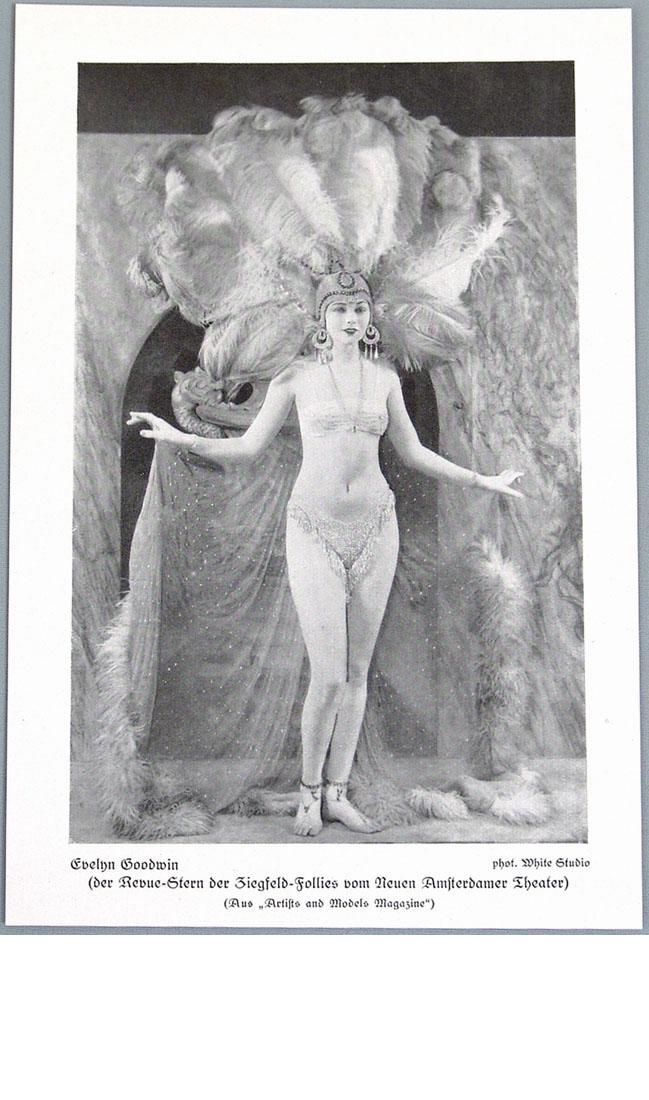Antique German Risque Print - Showgirl Evelyn Goodwin: This is an antique Art Deco print from a 1920s German magazine; it features a White Studio photo of Ziegfeld Follies girl Evelyn Goodwin. 5 1/4" x 7 3/4".