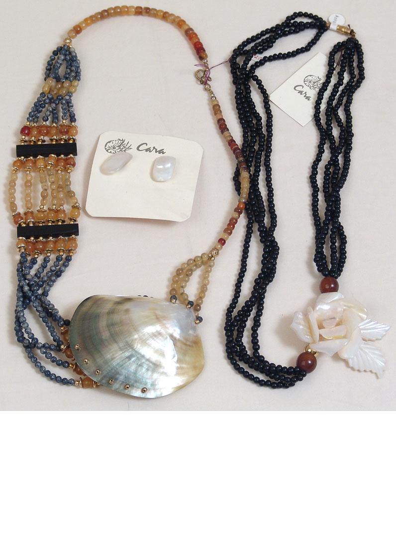 Vintage Mother-of-Pearl Necklaces + Earrings - Cara: Three pieces of vintage jewelry. Vintage Cara mother of pearl and horn necklace marked $32.00. Vintage Cara mother of pearl earrings. Abalone shell necklace marked $25.00; take apart and use for repur