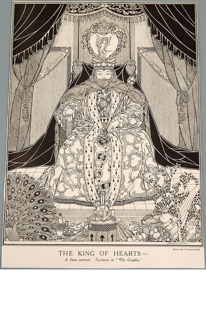 Two c1920 Prints - The King of Hearts and Carnival: Two circa 1920 "The Graphic" prints from the drawings by J. Francis Smith titled "The King of Hearts" & "- and His Consort, Carnival." 9" x 12 1/2" each.