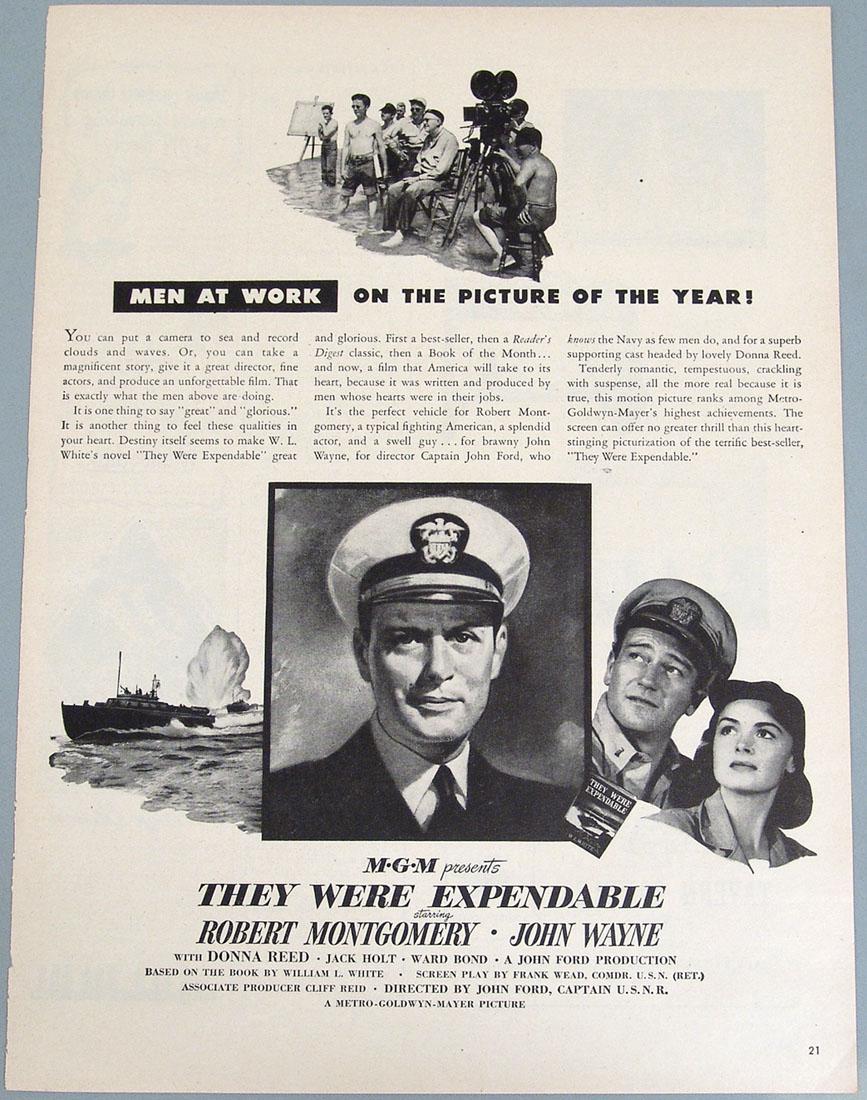 Vintage Ad for Movie "They Were Expendable" - Wayne: This is a vintage advertisement for the movie "They Were Expendable" starring John Wayne, Robert Montgomery, and Donna Reed and directed by John Ford. Not any kind of reproduction, it is from the movi
