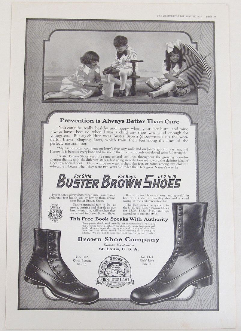 Antique 1918 Buster Brown Shoes Advertisement: This is an antique 1918 advertisement for Buster Brown shoes. Taken from the August, 1918 issue of "Delineator" magazine. 10 3/4" x 16".