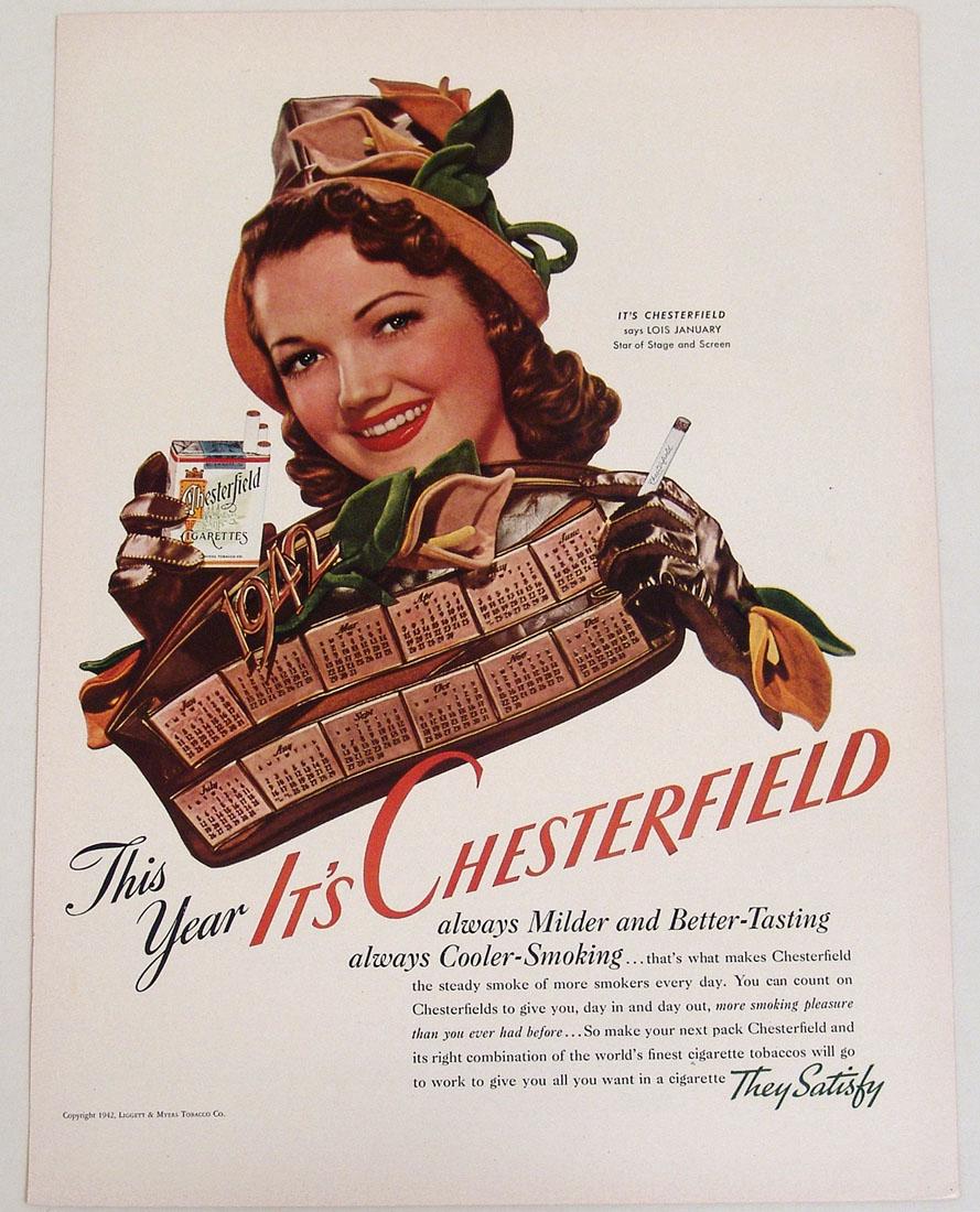 Antique 1942 Chesterfield Cigarette Advertisement: This is a vintage 1942 advertisement for Chesterfield cigarettes, taken from a vintage magazine. 10 1/4" x 14".