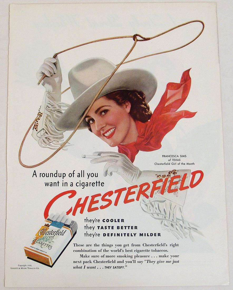 Antique 1940 Chesterfield Cigarette Advertisement: This is a vintage 1940 advertisement for Chesterfield cigarettes, taken from a vintage magazine. 10 1/4" x 14".