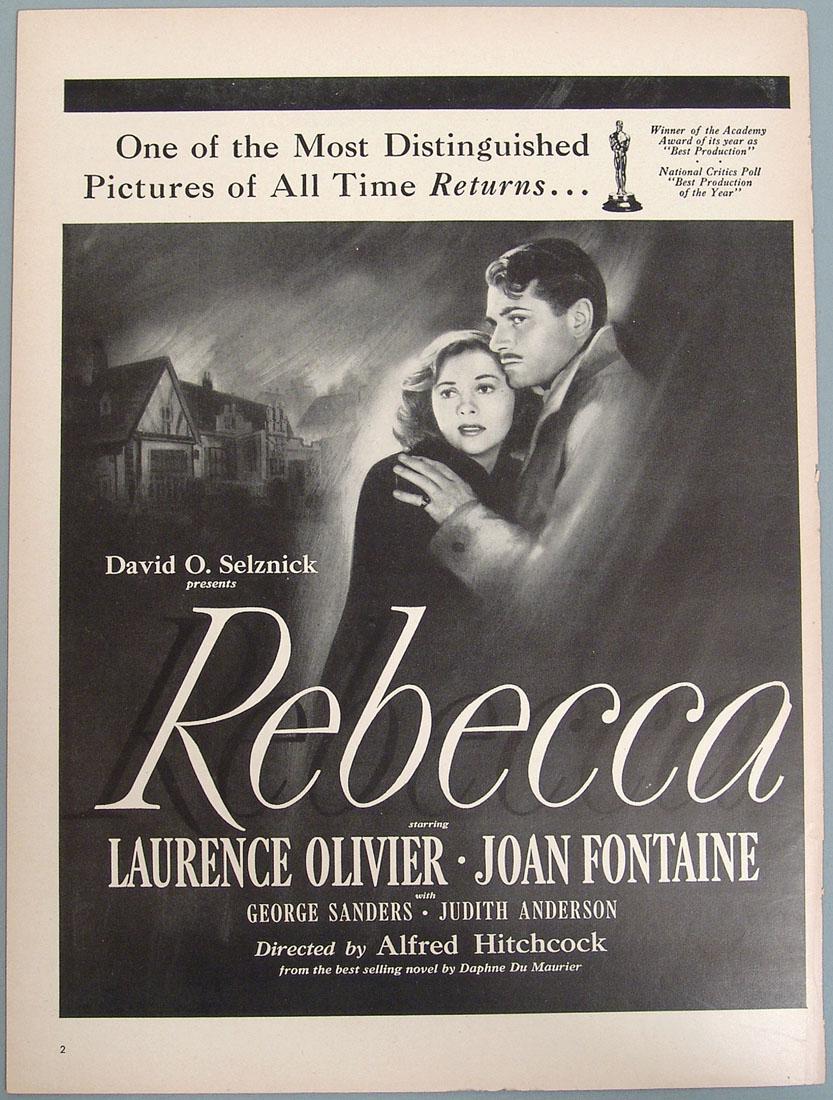 Vintage Ad for the Movie "Rebecca" - Olivier, Fontaine: This is a vintage advertisement for the 1940 movie "Rebecca" starring Laurence Olivier, Joan Fontaine, and George Sanders. A David O. Selznick production directed by Alfred Hitchcock. Not any kind of 