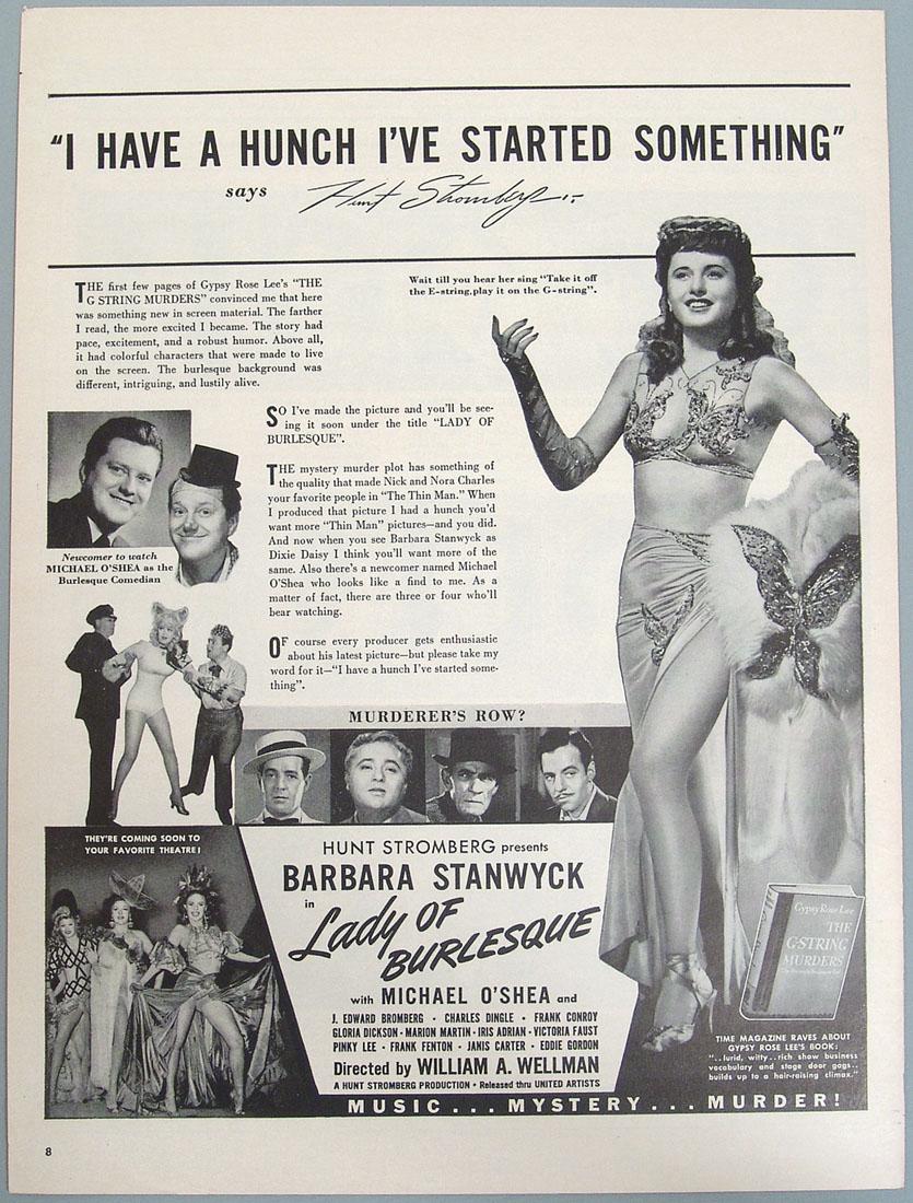 Vintage Ad for the Movie "Lady of Burlesque": This is a vintage advertisement for the 1943 movie "Lady of Burlesque" starring Barbara Stanwyck, Michael O'Shea, and J. Edward Bromberg. Not any kind of reproduction, it is from the movie's original 