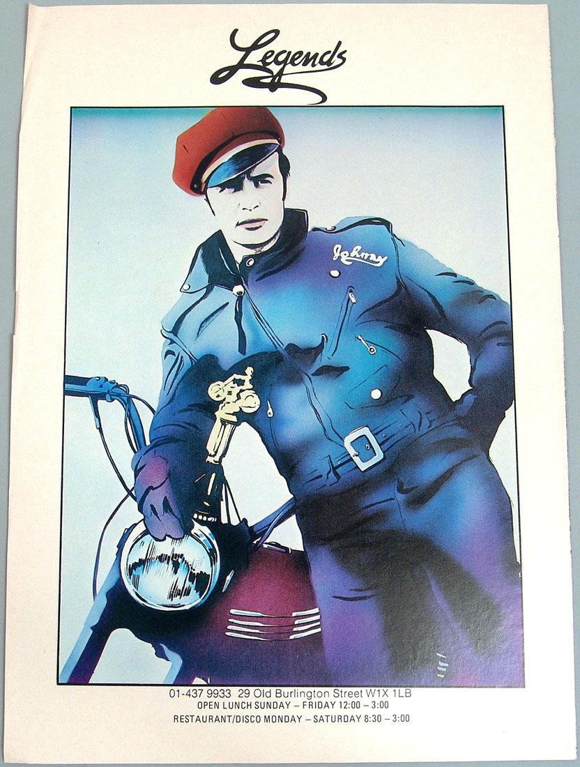 Vintage c1980s "Legends" Nightclub Ad w/ Marlon Brando: This is a vintage circa 1980s advertisement for "Legends" nightclub in London, featuring an image of Marlon Brando (as Johnny Strabler) and his Triumph motorcycle in the film "The Wild One." Taken fro