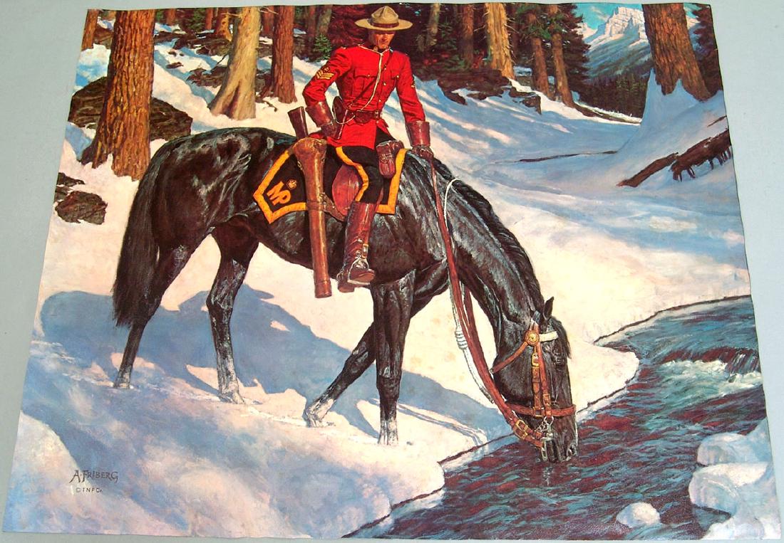 Vintage Friberg RCMP Print "Springtime In The North": This is a vintage (circa 1950s, we believe) R.C.M.P. print titled "Springtime In The North" featuring Canadian Rockies artwork by Arnold Friberg. Marked "TNP Co." 21 1/2" x 17 1/2". Over a period of 4