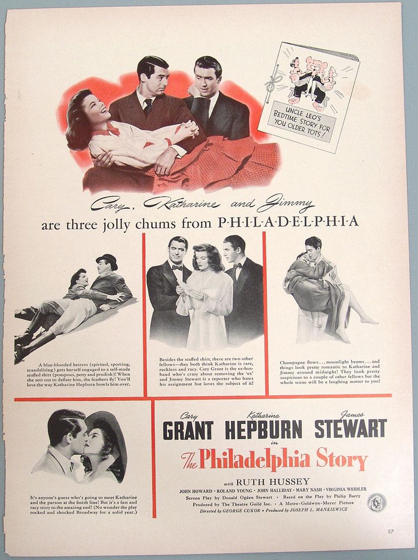 Vintage Ad for the Movie "The Philadelphia Story": This is a vintage advertisement for the 1940 movie "The Philadelphia Story" starring Cary Grant, Katharine Hepburn, and James Stewart. Not any kind of reproduction, it is from the movie's original the