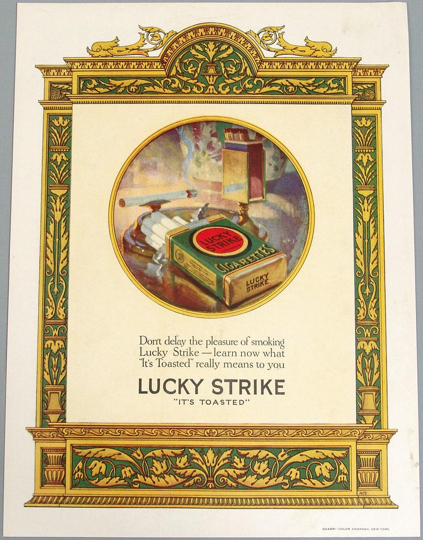 Antique 1920s Lucky Strike Cigarettes Advertisement: This is an antique 1920s advertisement for Lucky Strike cigarettes, removed from a vintage magazine. 9 1/4" x 12 1/4".
