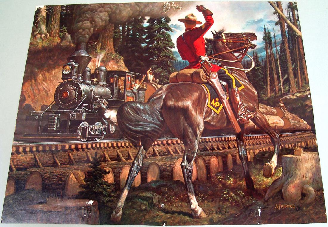 Vintage Arnold Friberg RCMP Print "The Puffing Billy": This is a vintage (circa 1950s, we believe) R.C.M.P. print titled "The Puffing Billy" featuring mountain railroad artwork by Arnold Friberg. Marked "TNP Co." 22" x 17 3/4". Over a period of 43 years,