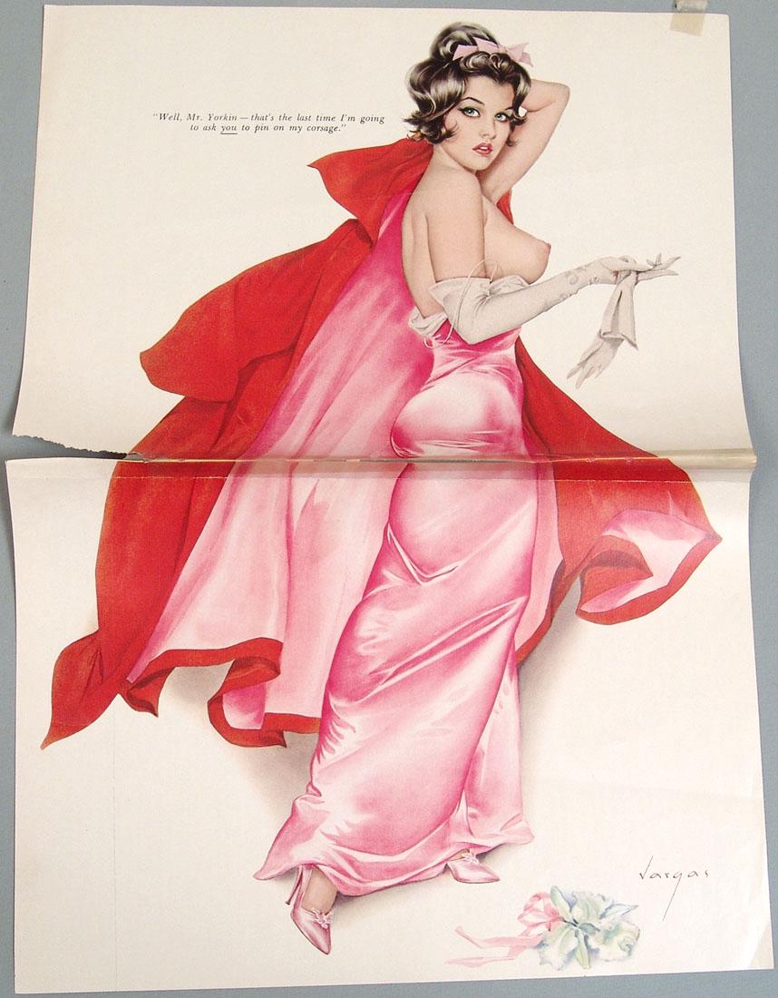 Vintage Nude Playboy Pin-Up by Alberto Vargas: This is a vintage two-page 1960s/1970s Playboy pin-up by Alberto Vargas, removed from a vintage Playboy magazine. 11" x 16".