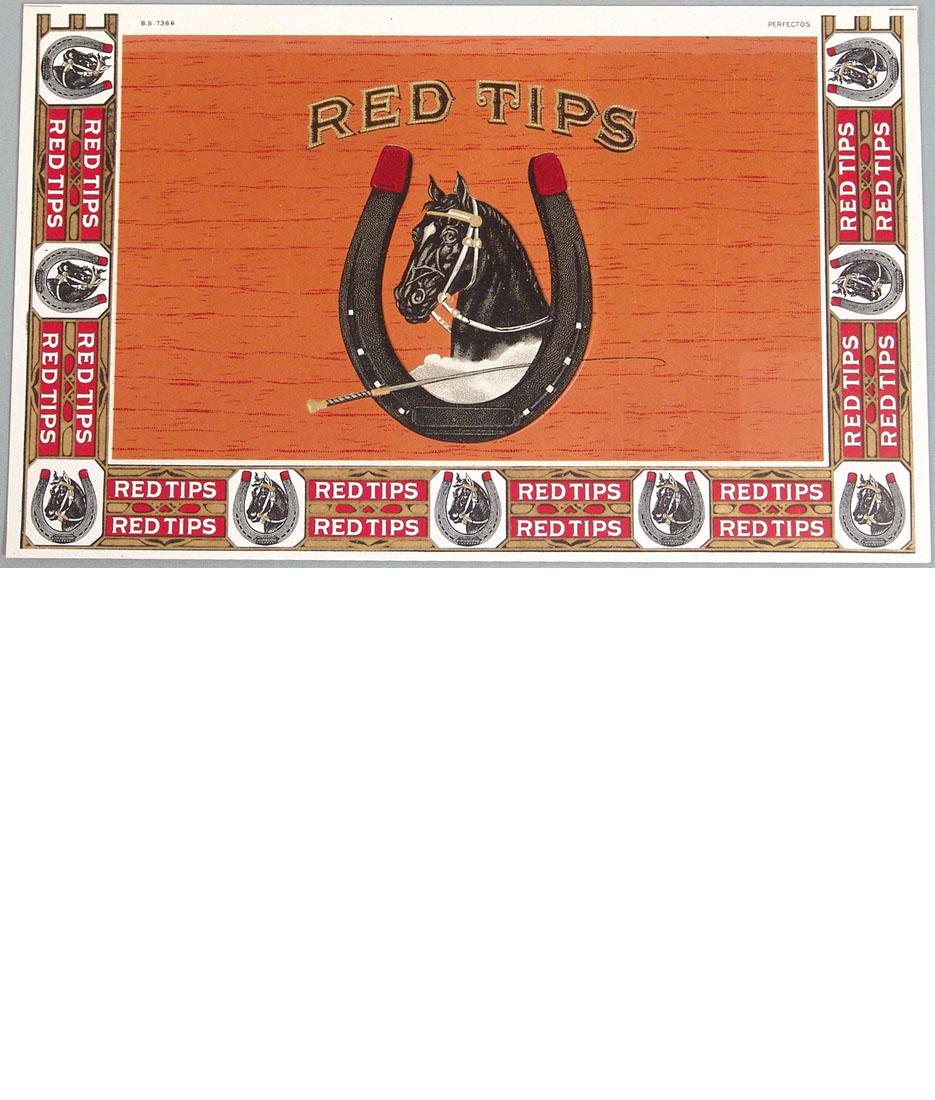 Large Vintage "Red Tips" Cigar Box Label: This is a vintage "Red Tips" perfectos cigar box label; age unknown. Features a portrait of a horse within a horseshoe. Approx. 10" x 6".