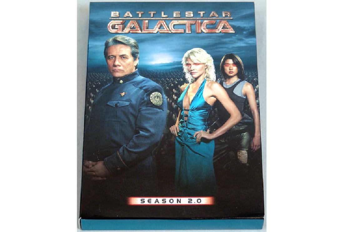 DVD Boxed Set - "Battlestar Galactica" - Season 2.0: This is a DVD boxed set of season 2.0 of the Sci-Fi series "Battlestar Galactica," created by Glen Larson and Ronald Moore and starring Edward James Olmos, Mary McDonnell, Jamie Bamber, James Callis, 
