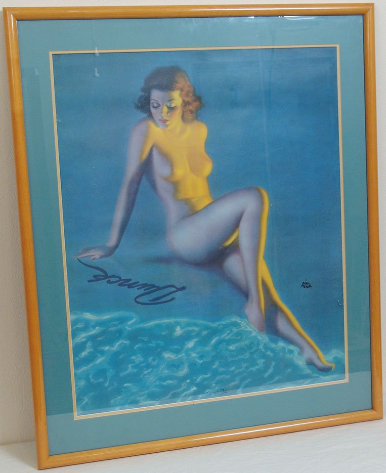 Framed Vintage Nude Pin-Up by Earl Moran: This is a framed vintage 1945 pin-up print by Earl Moran titled "Eve 'n' Tide;" the original pastel by Moran, titled "A Mere Maid," was done in the 1930s. Arrow Beer also used this and called it "Nake