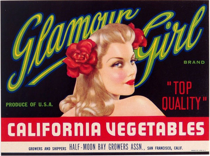 Vintage Vargas Girl Produce Crate Label - "Glamour: This is a vintage 1940s or 1950s "Glamour Girl" produce label with artwork by Alberto Vargas. Approx. 6 3/4" x 5".
