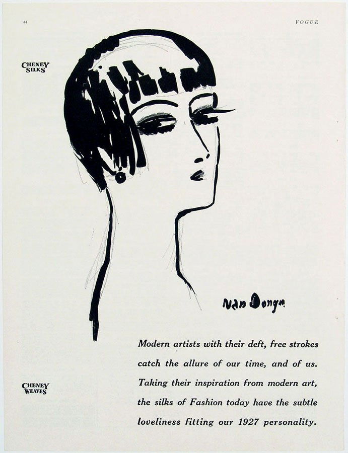 Antique 1926 van Dongen "Vogue" Advertisement: This is an antique advertisement from the November 15, 1926 "Vogue" magazine with a drawing by Dutch artist Kees van Dongen. Cheney Silks/Cheney Weaves. Approx. 9 1/2" x 12 3/4".