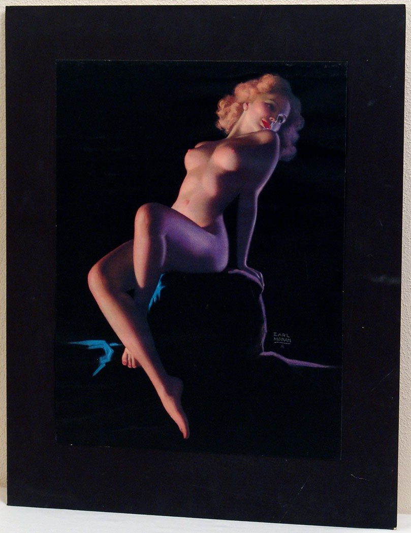 Vintage 1930s/1940s Nude Earl Moran Pin-Up: This is a vintage 1930s/1940s nude pin-up by Earl Moran. This is one of six early nudes by Moran that were packaged as a large-format high-end print folio which Brown & Bigelow gave as a premium gift