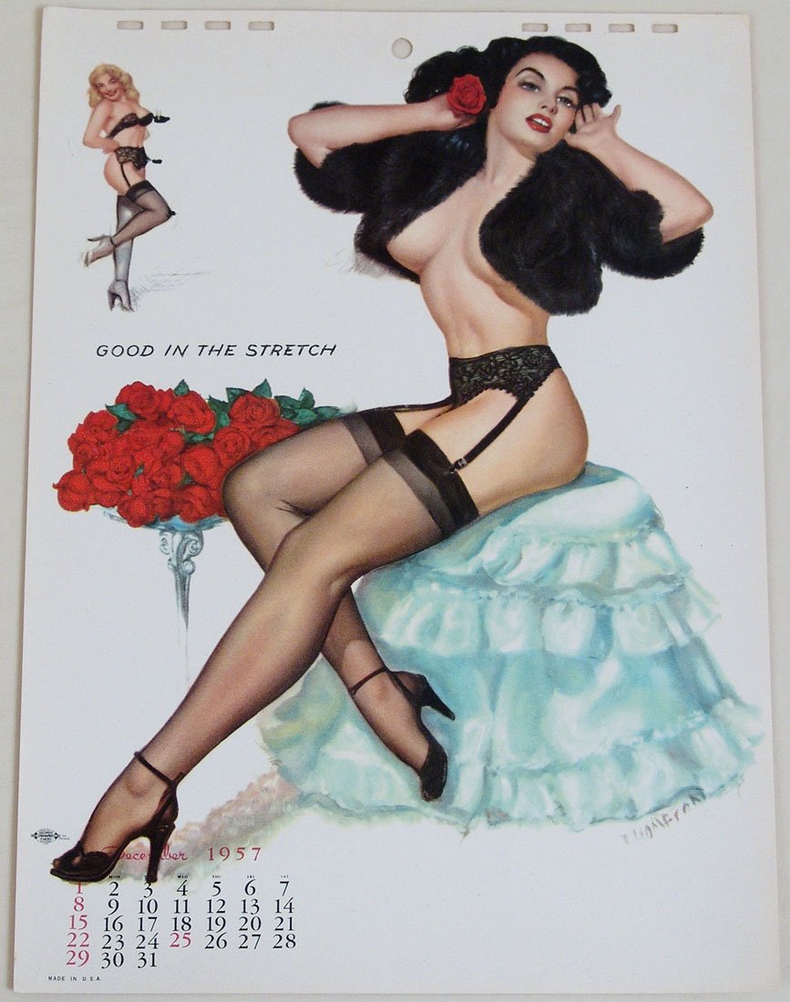 Vintage 1957 Pin-Up - Sultry Brunette in Lingerie &: This is a vintage December, 1957 calendar page featuring a pin-up print by T.N. Thompson titled "Good in the Stretch." Printed in U.S.A. 8" x 11".