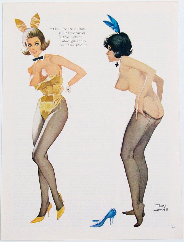 Vintage 1960s Risque Playboy Bunny Pin-Up by Don Lewis: This is a vintage Playboy Bunny pin-up, removed from a 1960s "Playboy" magazine, featuring artwork by Don Lewis. 8" x 11".