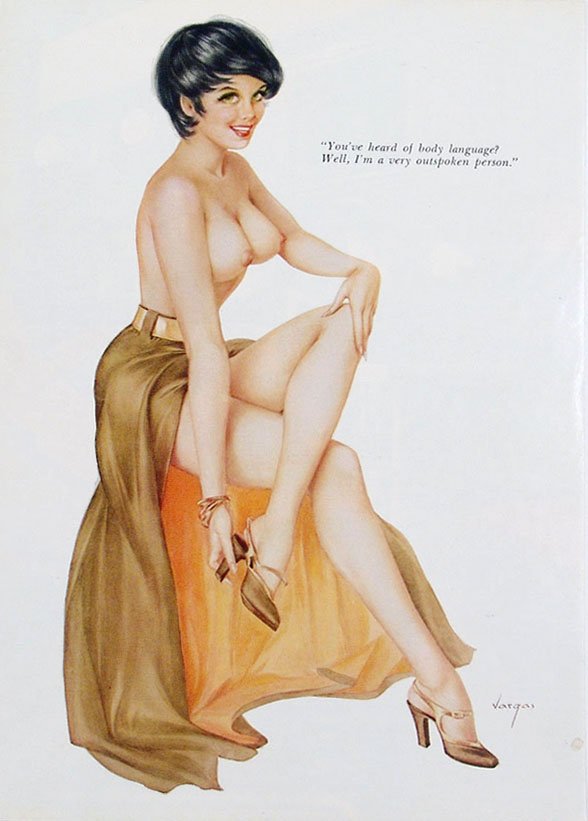 Vintage 1960s/1970s Risque Playboy Pin-Up by Vargas: This is a vintage Vargas Girl pin-up, removed from a 1960s/1970s Playboy magazine, featuring artwork by Alberto Vargas. 8" x 11".