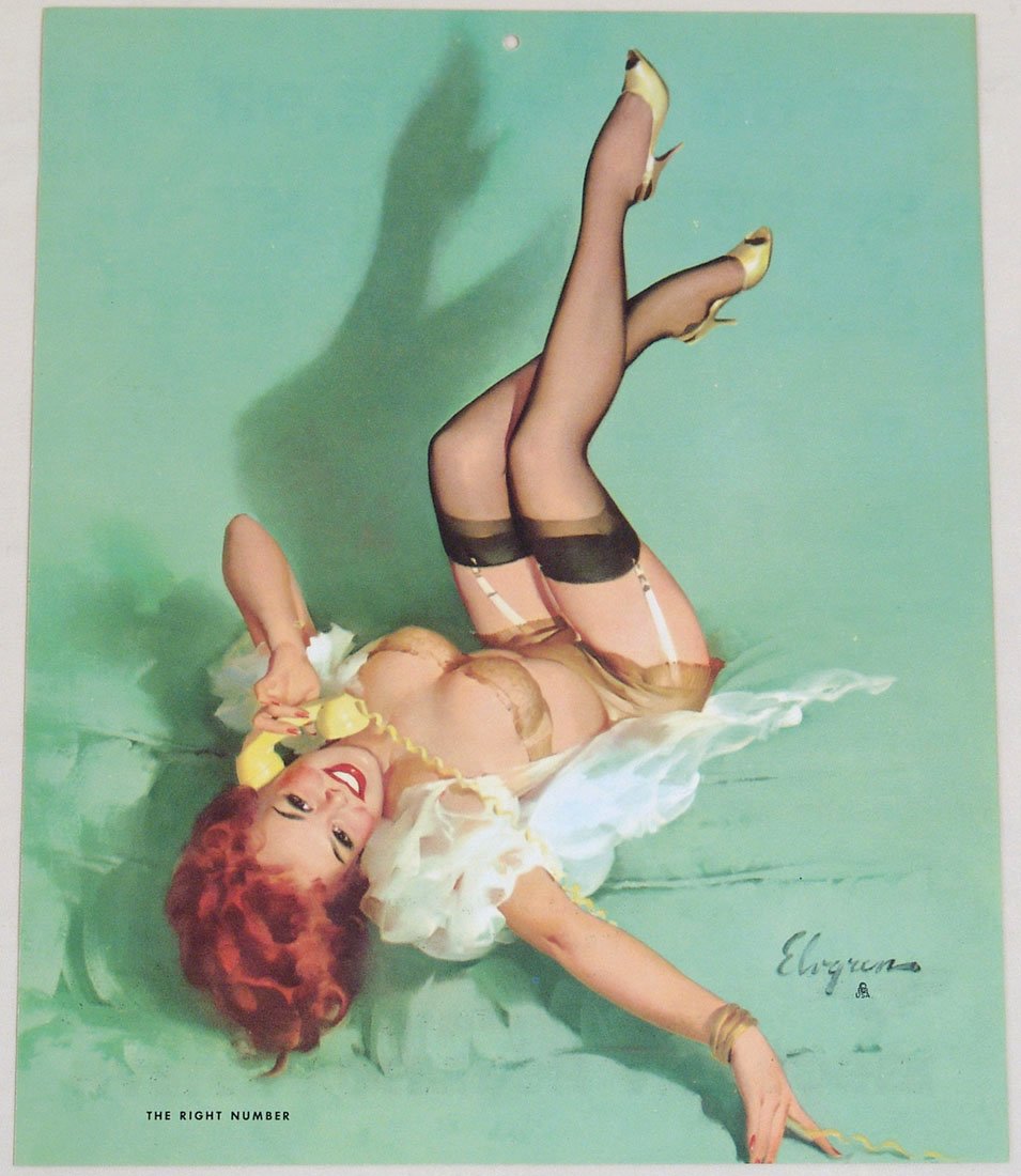 Vintage 1961 Risque Redhead Pin-Up by Elvgren: This is a vintage 1963 calendar page featuring a 1961 pin-up print by Gil Elvgren titled "The Right Number." Published by Brown & Bigelow and printed in U.S.A. Approx. 7 1/2" x 9 1/4".