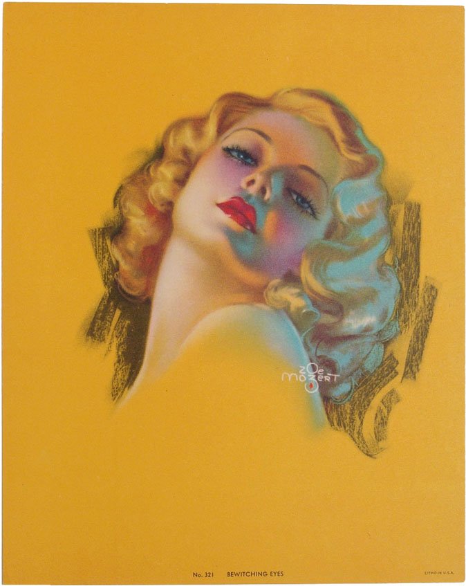 Antique Glamour Girl Pin-Up by Mozert: This is a great vintage 1930s-1940s Zoe Mozert pin-up titled "Bewitching Eyes." Calendar salesman's sample #321. Litho in U.S.A. We've read that this was modeled after actress Jean Harlow. 8" x 10".