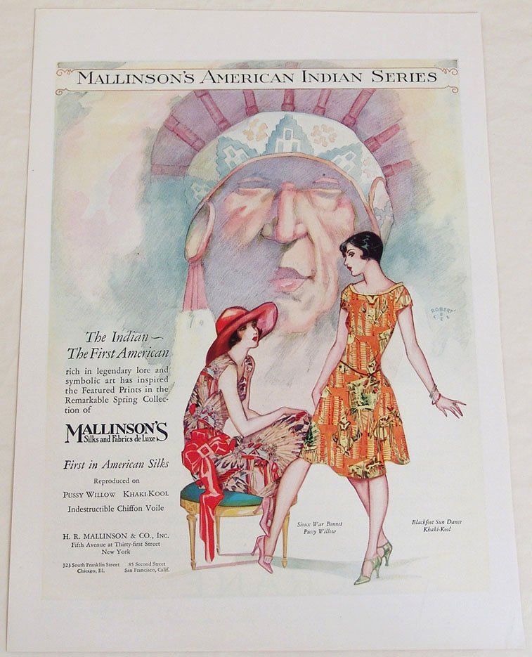 1920s Ad - "Mallinson's American Indian Series" Fabrics: This is an antique 1920s advertisement for Mallinson's Silks and Fabrics de Luxe. "Mallinson's American Indian Series." Approx. 9 1/2" x 13".